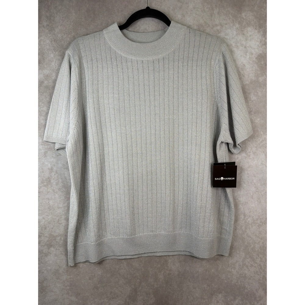 NWT VTG 90s Sag Harbor Knit Top Womens Large Steel Gray Ribbed Metallic Lurex‎